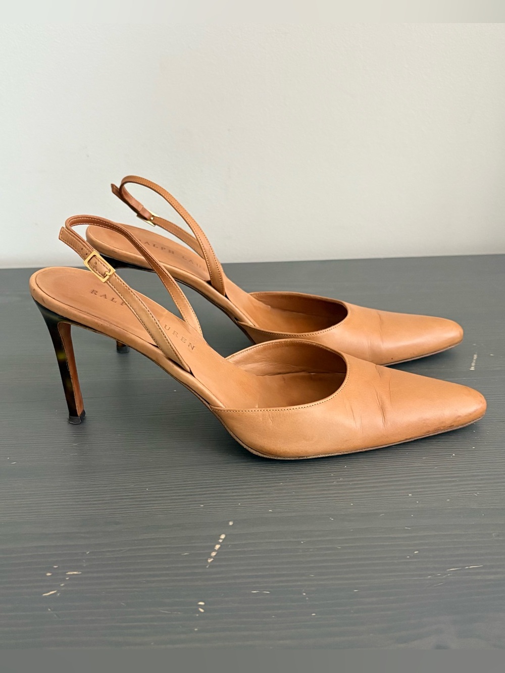 Ralph Lauren Slingback Tortoise Heels Leather Shoes Tan US 9 - Picture 6 of 14